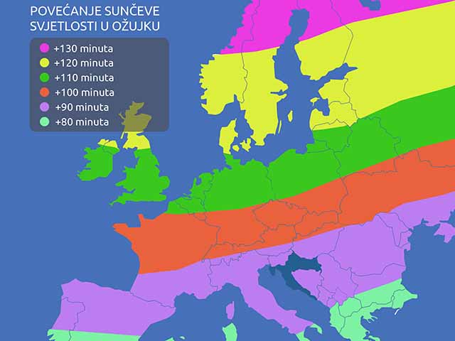 Europska karta sa sunčanim satima tijekom ožujka izrađena u suradnji s DHMZ-om                                                                                                                                                                            